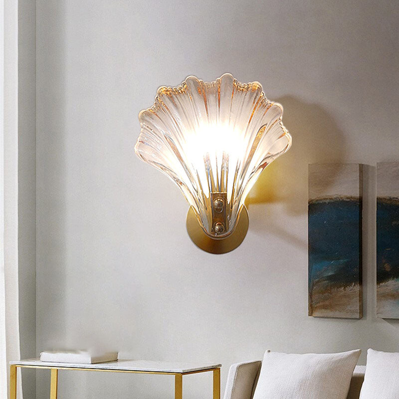 Art Deco Scalloped Shell Amber Glass Brass Wall Sconce — 110V-120V For US/CA