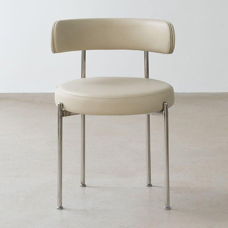 Minimalist Round Velvet Tubular-Leg Dining Chair — Beige Microfiber Leather Seat + Silver Metal Legs