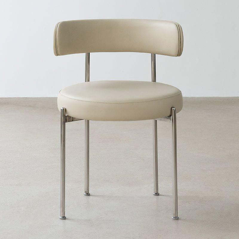 Minimalist Round Velvet Tubular-Leg Dining Chair — Beige Microfiber Leather Seat + Silver Metal Legs