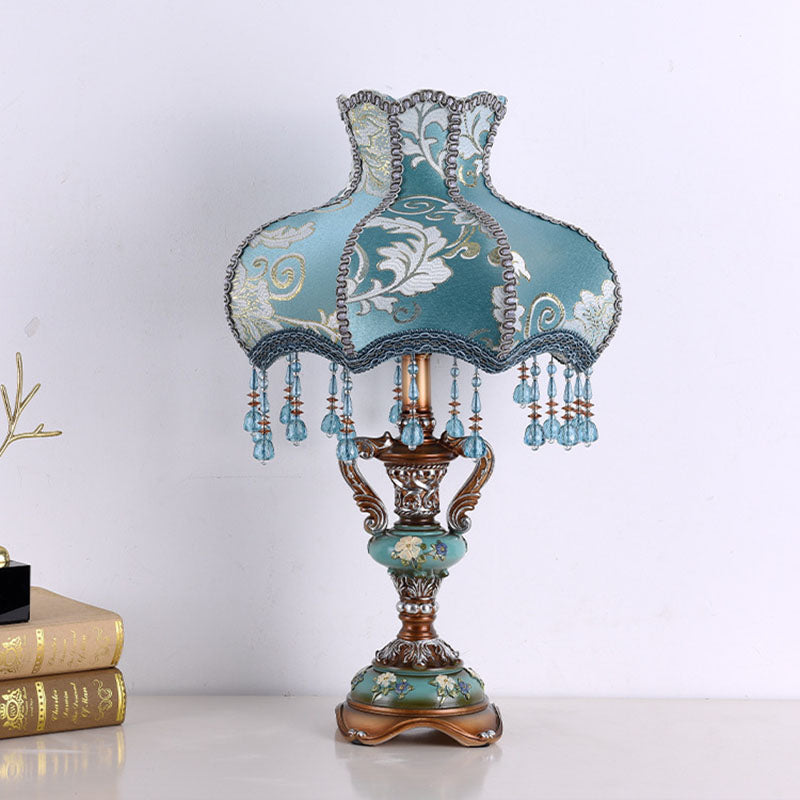 European Blue Fabric Tassel Resin Table Lamp — Push Button Switch / 110V-120V For US/CA