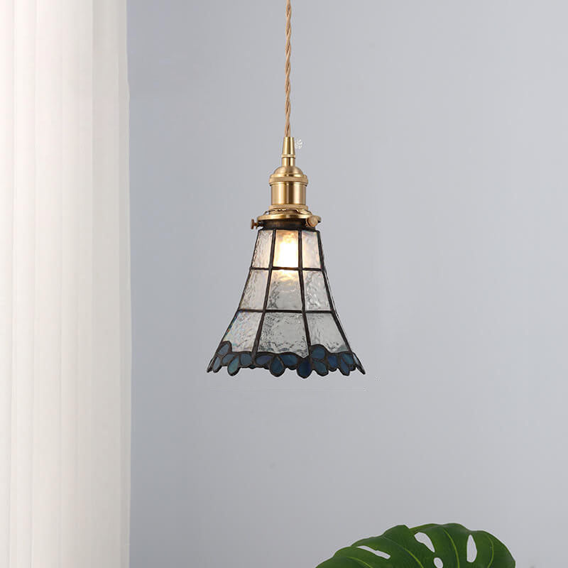 Japanese Vintage Brass Stained Glass Cone Pendant