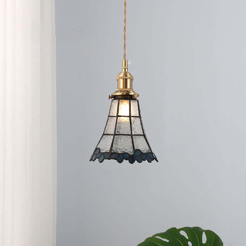 Japanese Vintage Brass Stained Glass Cone Pendant