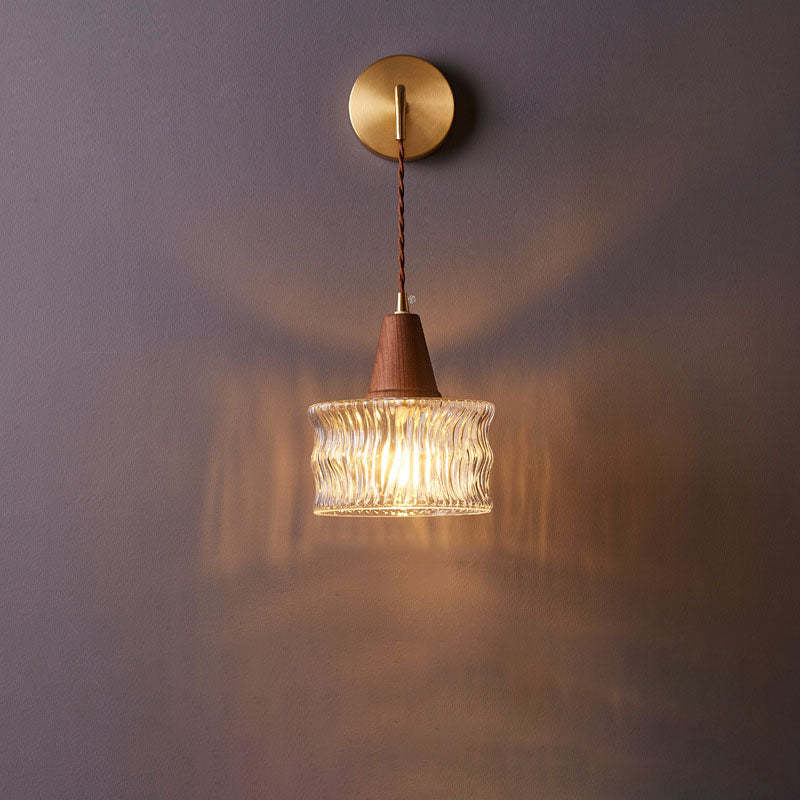 Japanese Walnut Glass Copper Cylinder Sconce