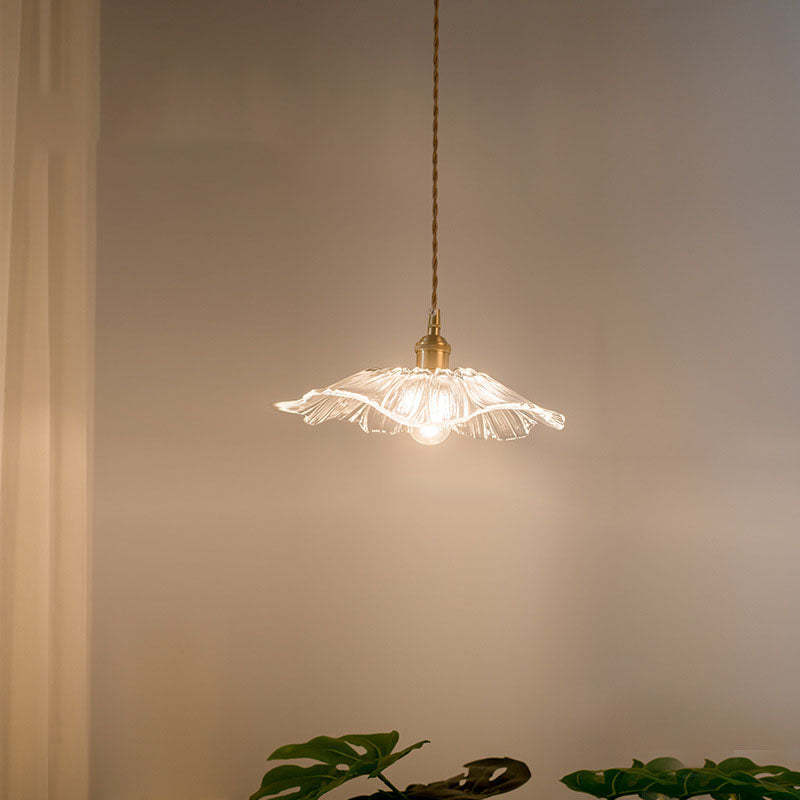 Nordic Vintage Clear Glass Flower Brass Pendant