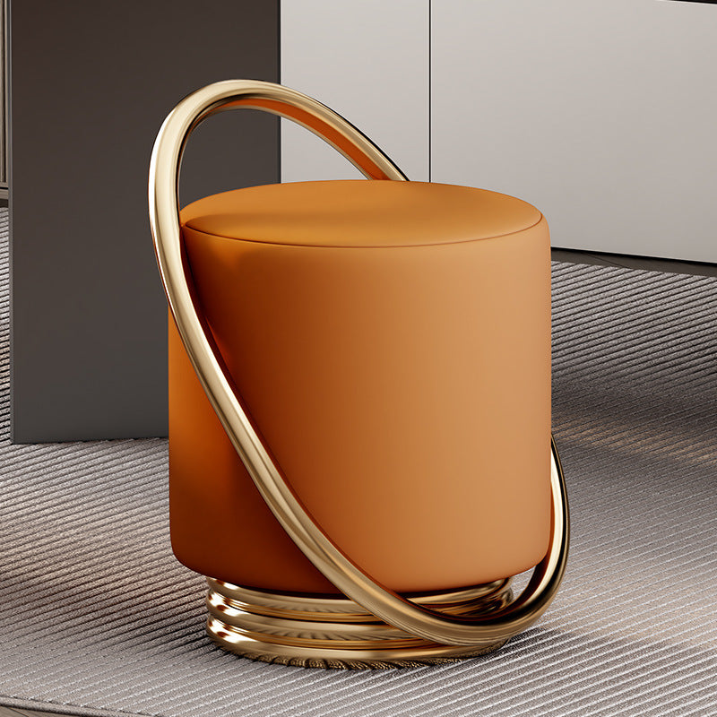 Contemporary Microfiber Leather Cylinder Vanity Stool — A / Orange Seat + Gold Frame
