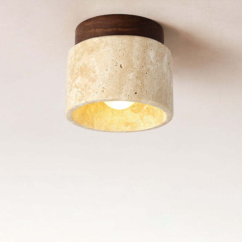 Japanese Round Yellow Travertine Semi-Flush Ceiling Light