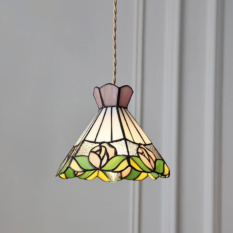 Vintage Tiffany Rose Conical Stained Glass Pendant Light — B / 110V-120V For US/CA