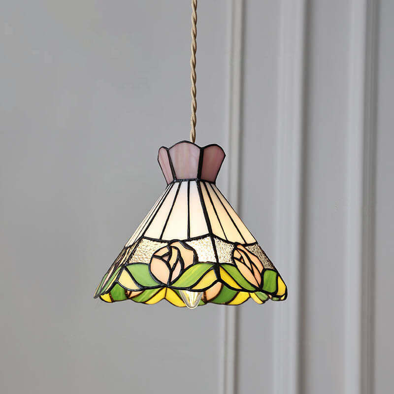 Vintage Tiffany Rose Conical Stained Glass Pendant Light — B / 110V-120V For US/CA