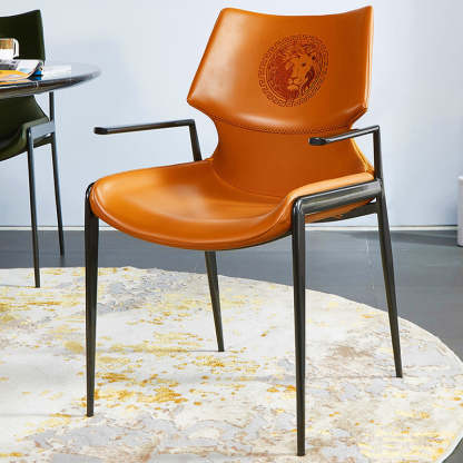 Modern Curved PU Leather Steel Dining Chair — Orange + Black Frame