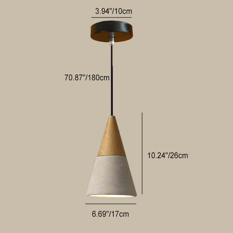 Industrial Cone Triangle Cement Rubber Wood Pendant Light