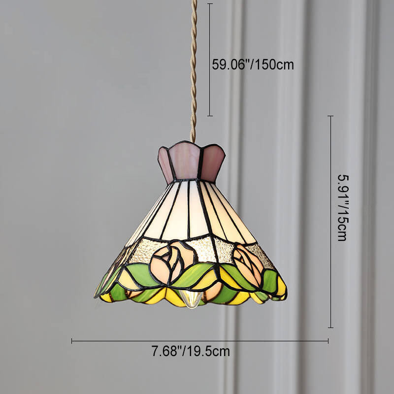 Vintage Tiffany Rose Conical Stained Glass Pendant Light — C / 220V-240V For UK/AU
