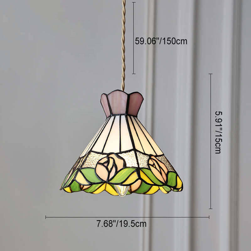 Vintage Tiffany Rose Conical Stained Glass Pendant Light — C / 220V-240V For UK/AU