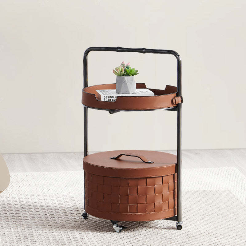 Nordic Steel Saddle Leather 2-Tier Movable End Table