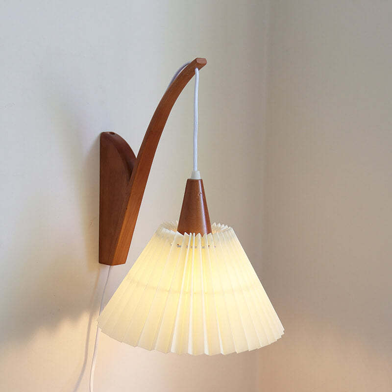 Japanese Solid Wood Pleated Fabric Umbrella Wall Sconce — Walnut Lamp Arm + Glass Lampshade / 110V-120V For US/CA