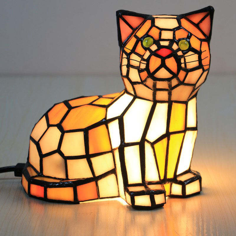 Traditional Tiffany Stained Glass Cat Table Lamp
