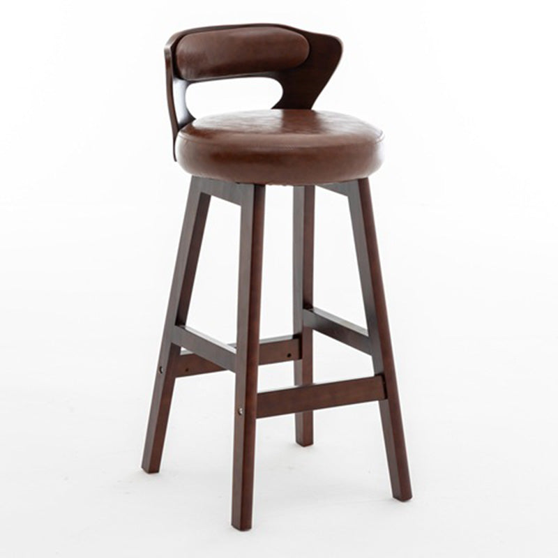 Modern PU Leather Wood Low-Back Bar Stool — Dark Green PU Leather Cushion + Brown Frame
