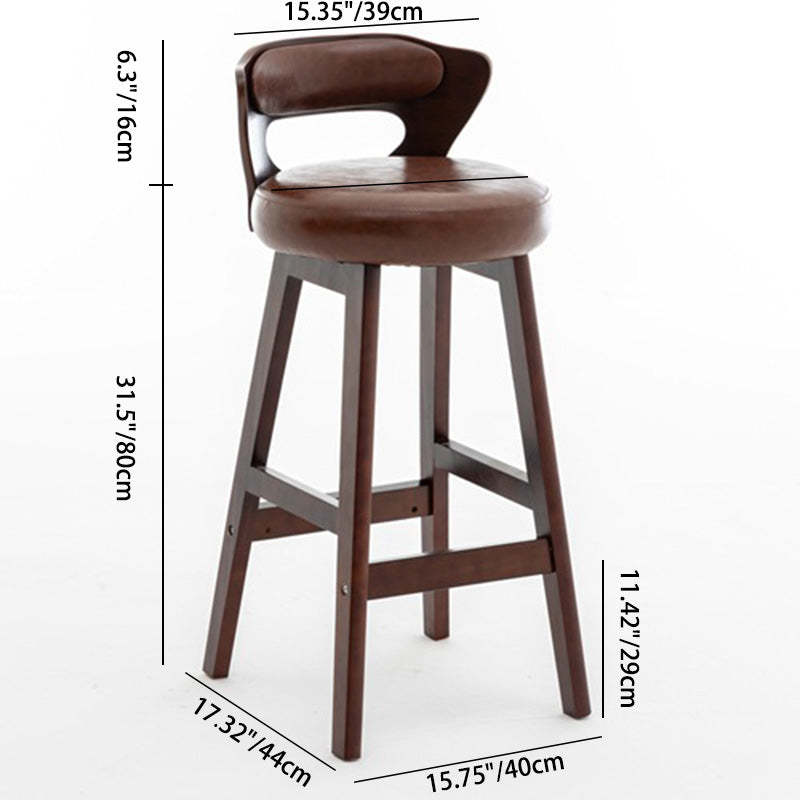 Modern PU Leather Wood Low-Back Bar Stool — Wine Red PU Leather Cushion + Brown Frame
