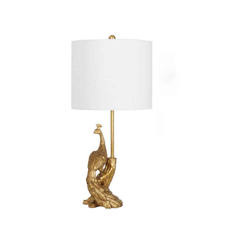 Vintage Cylindrical Peacock Resin Gold Fabric Lamp