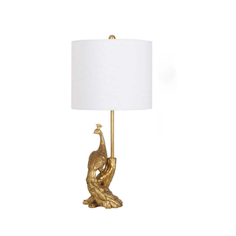 Vintage Cylindrical Peacock Resin Gold Fabric Lamp