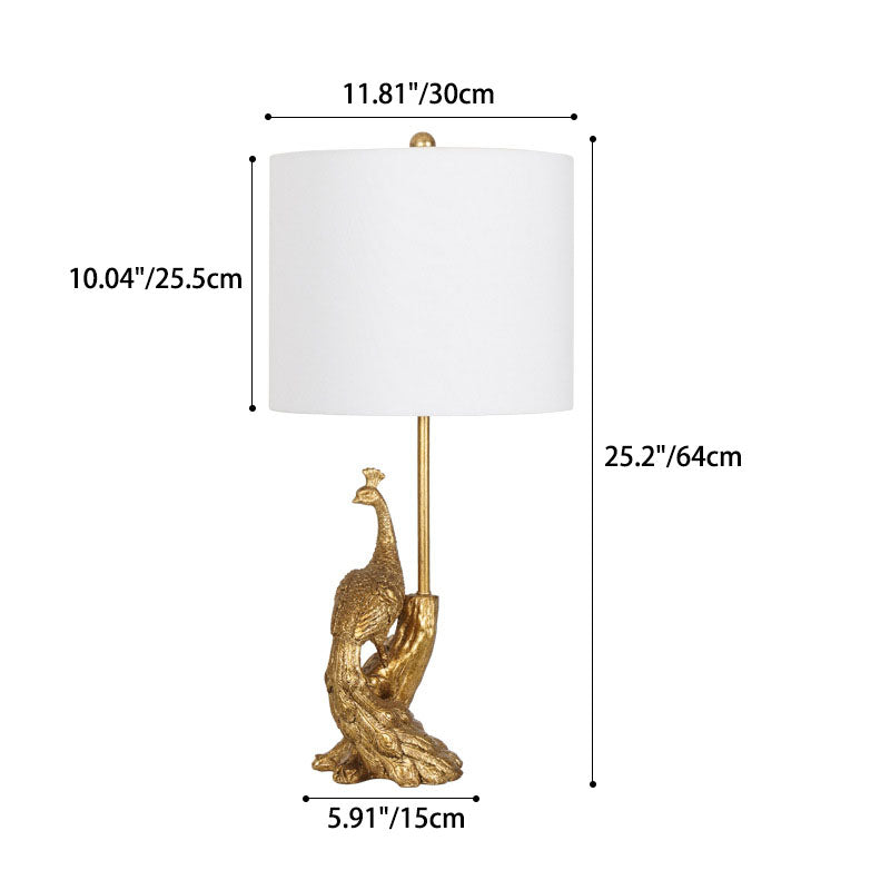 Vintage Cylindrical Peacock Resin Gold Fabric Lamp