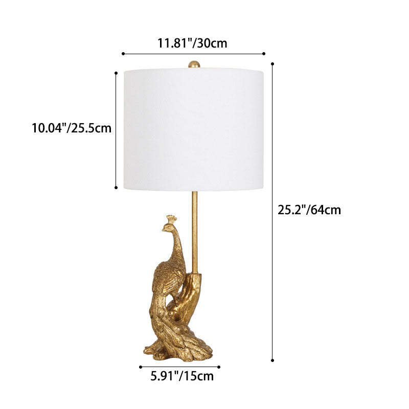 Vintage Cylindrical Peacock Resin Gold Fabric Lamp