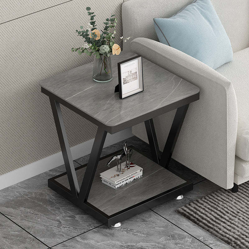 Minimalist Rock Slab Square Removable Side Table 2-Tier — White Tabletop + Black Frame