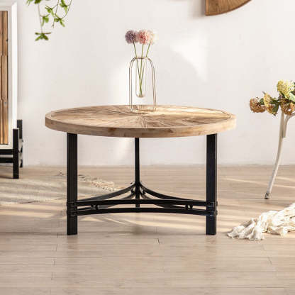 Japanese Round Wood Iron Coffee Table — Wood Color