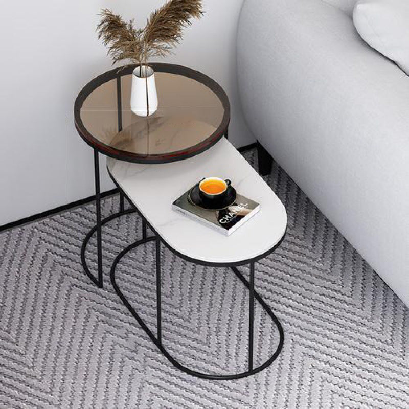 Nordic Oval Glass Rock Slab Steel Coffee Table