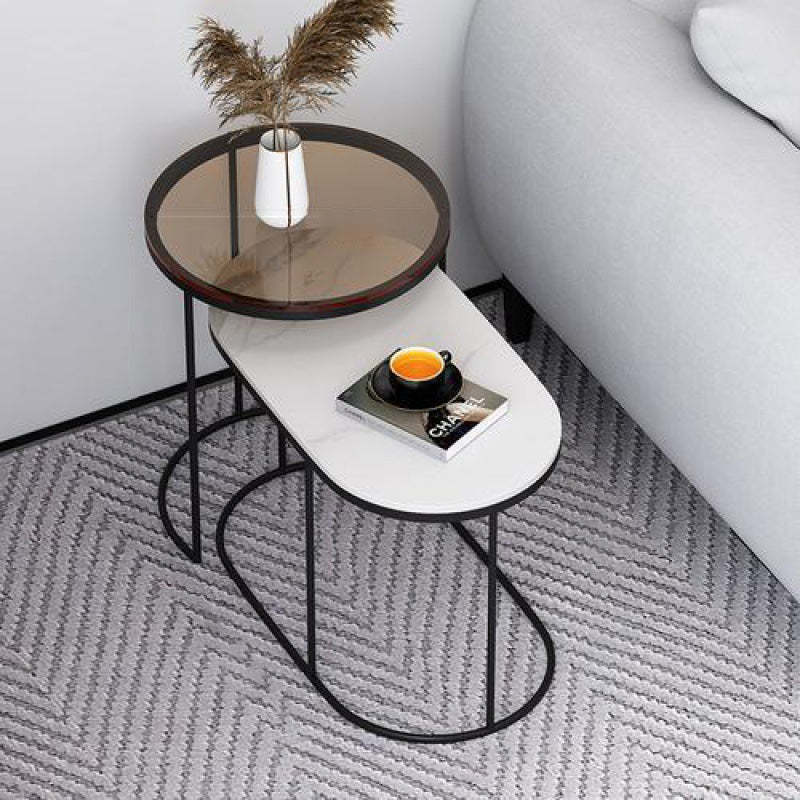 Nordic Oval Glass Rock Slab Steel Coffee Table — Black Frame