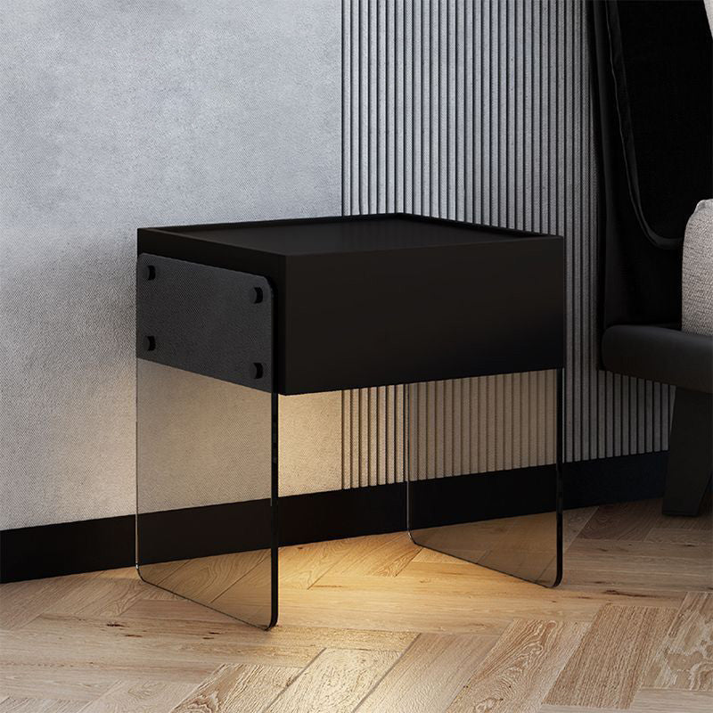 Minimalist Wood Plank Glass 1-Drawer Nightstand