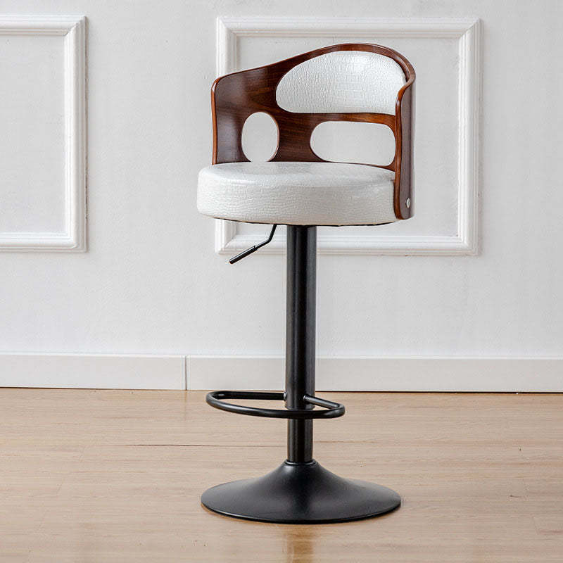 Scandinavian Leather Fabric Wood Round Bar Stool — White - Leather