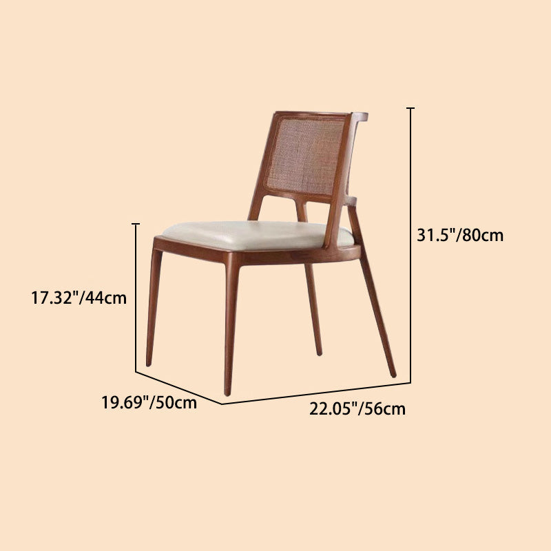 Retro Microfiber Leather Rattan Wood Dining Chair — With Armrest / Walnut Wood Color
