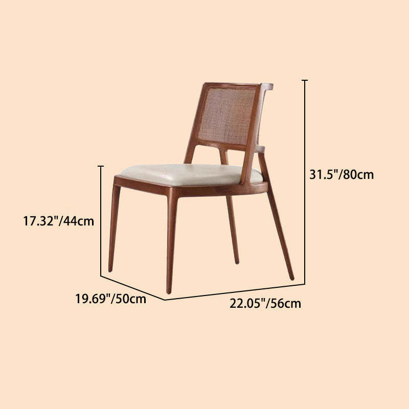 Retro Microfiber Leather Rattan Wood Dining Chair — With Armrest / Walnut Wood Color