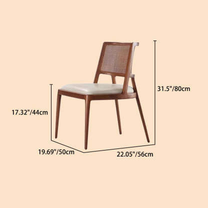 Retro Microfiber Leather Rattan Wood Dining Chair — With Armrest / Walnut Wood Color