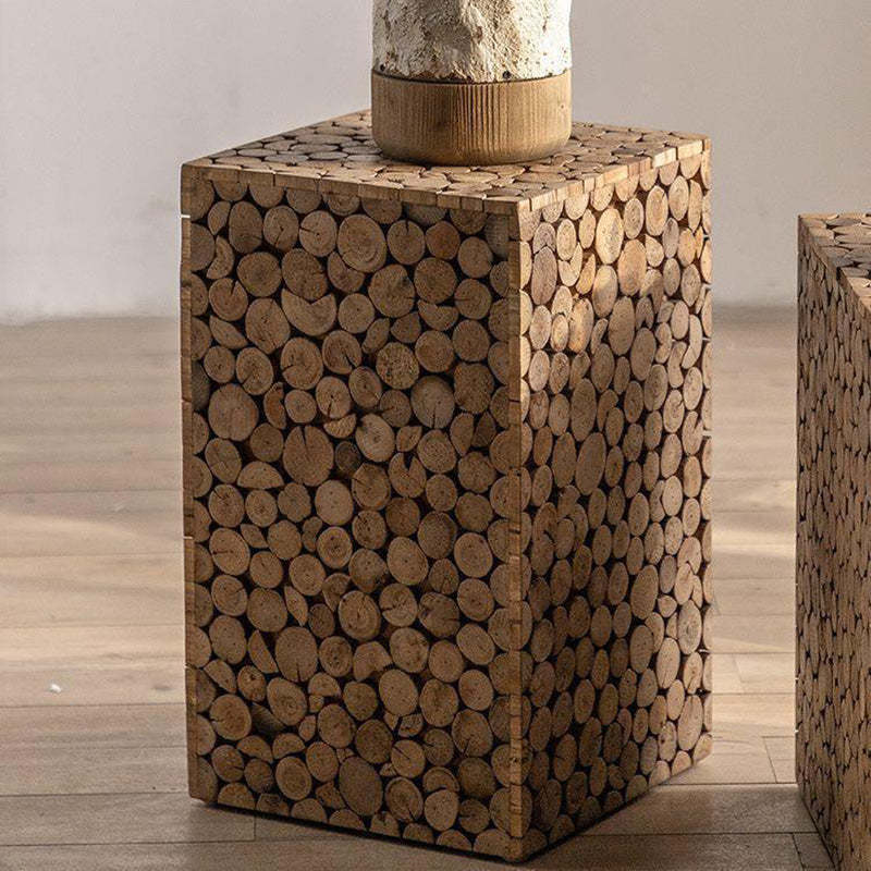 Traditional end geometric end & side tables in wood — 19.7" H x 11.8" Dia