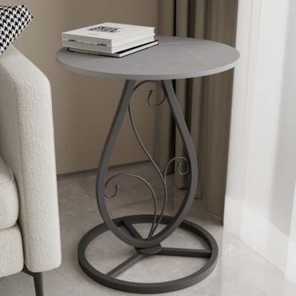 Luxury Round Sintered Stone Metal Coffee Table — Gray Tabletop + Black Base