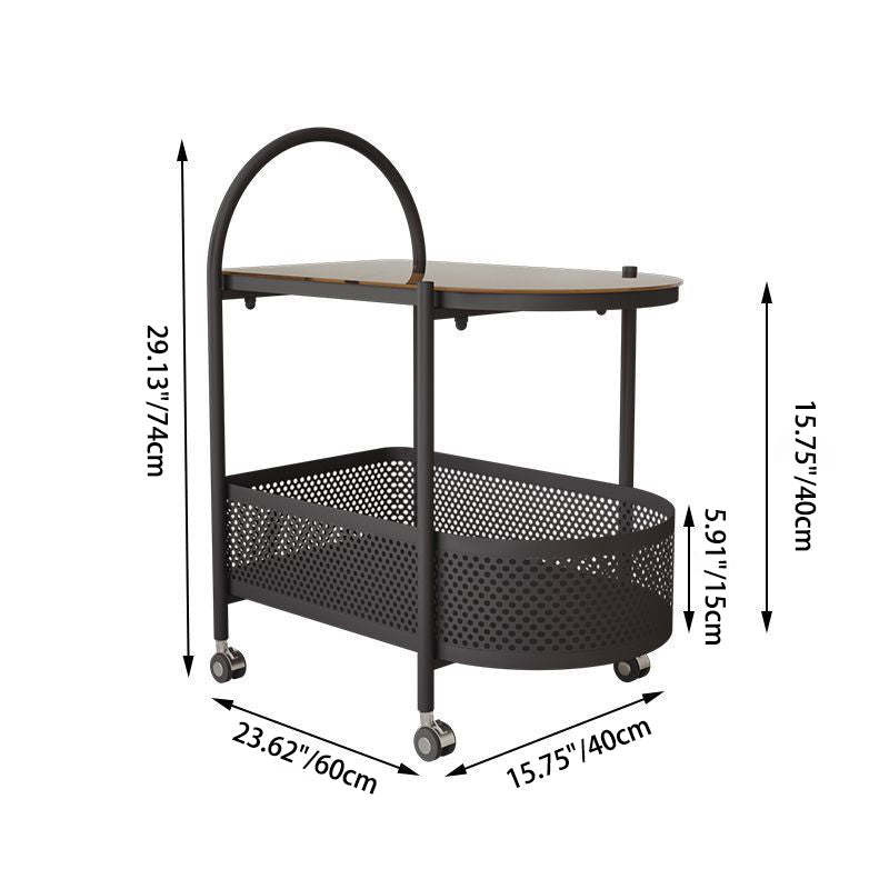 Contemporary Glass Iron Round Rolling Side Table 2-Tier