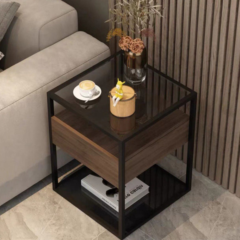 Scandinavian Glass Wood Rock Slab Square Nightstand 1-Drawer — A