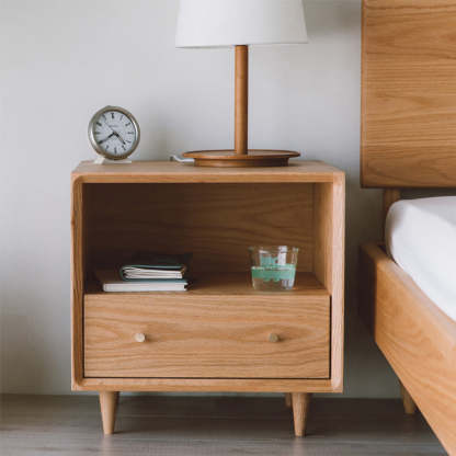 Nordic Solid Wood 1-Drawer Nightstand — Cherry Wood Color