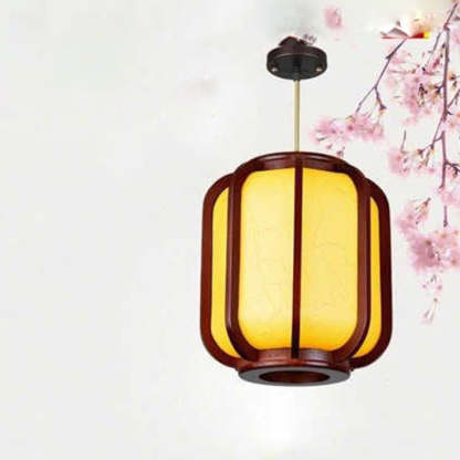 Modern Chinese Faux Sheepskin Wooden Lantern Pendant