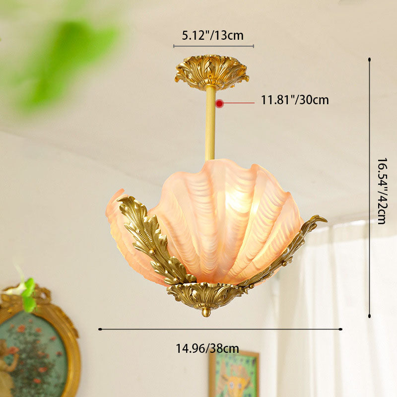 French Shell Brass Glass Chandelier