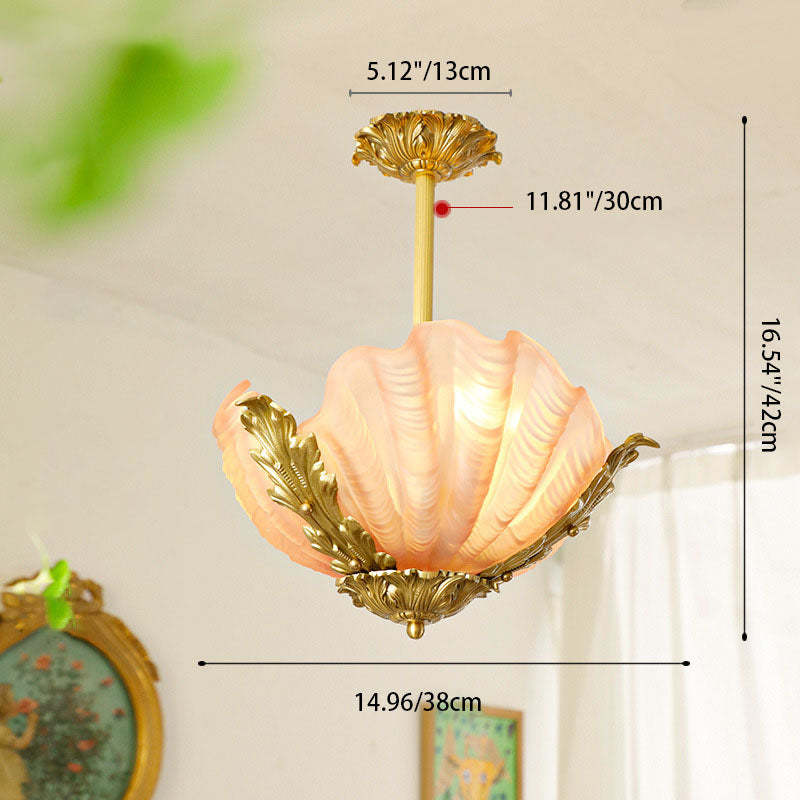 French Shell Brass Glass Chandelier