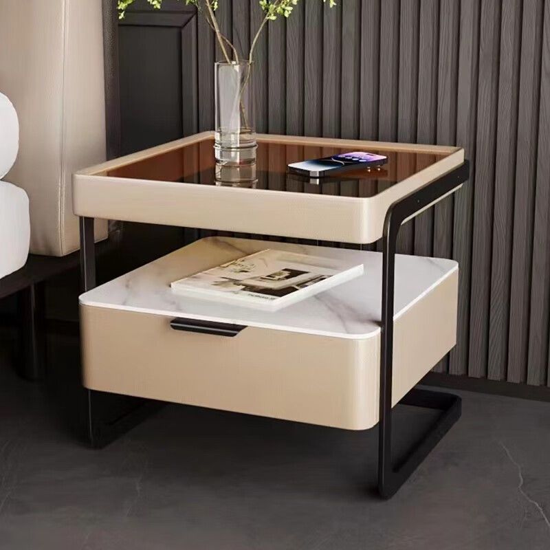 Gray glass 1-drawer nightstands - minimalist — Without Fingerprint Lock / Yellow