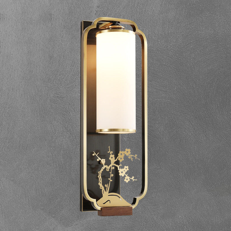 Modern Chinese Copper Glass Column Ring Sconce — Copper / Bamboo / 110V-120V For US/CA