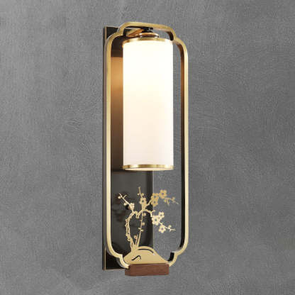 Modern Chinese Copper Glass Column Ring Sconce — Copper / Bamboo / 110V-120V For US/CA