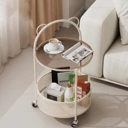 Contemporary Round Glass Movable 2-Tier Side Table — Creamy White Frame + Brown Glass Tabletop