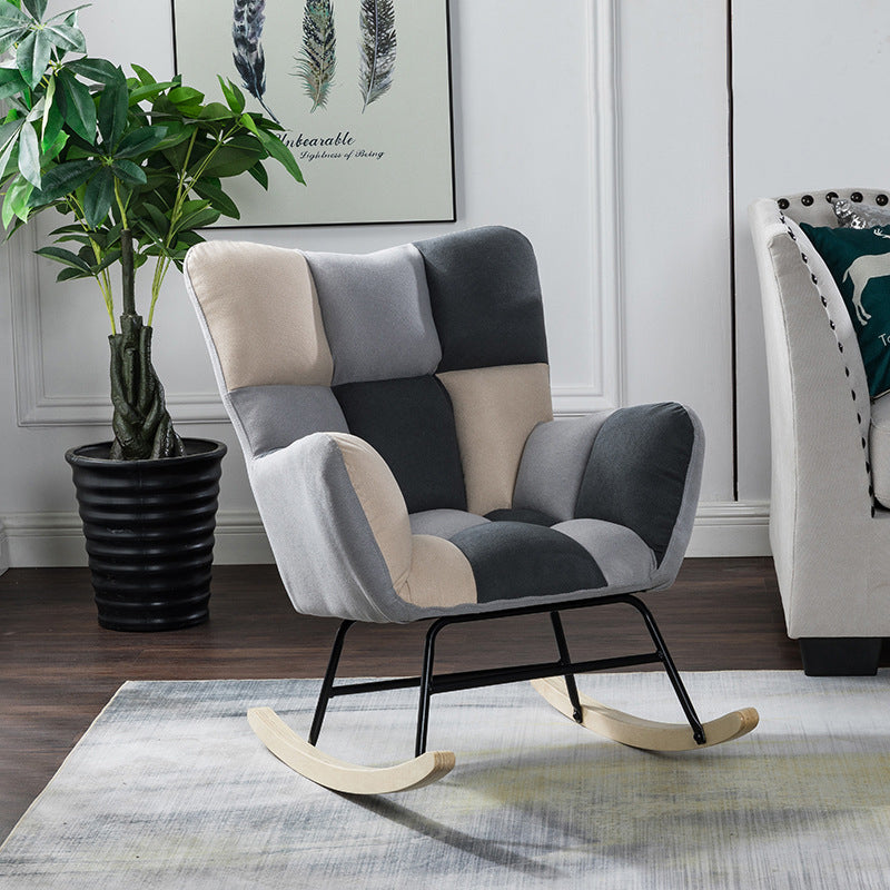 Nordic Patchwork Linen Rocking Chair — Khaki + Gray
