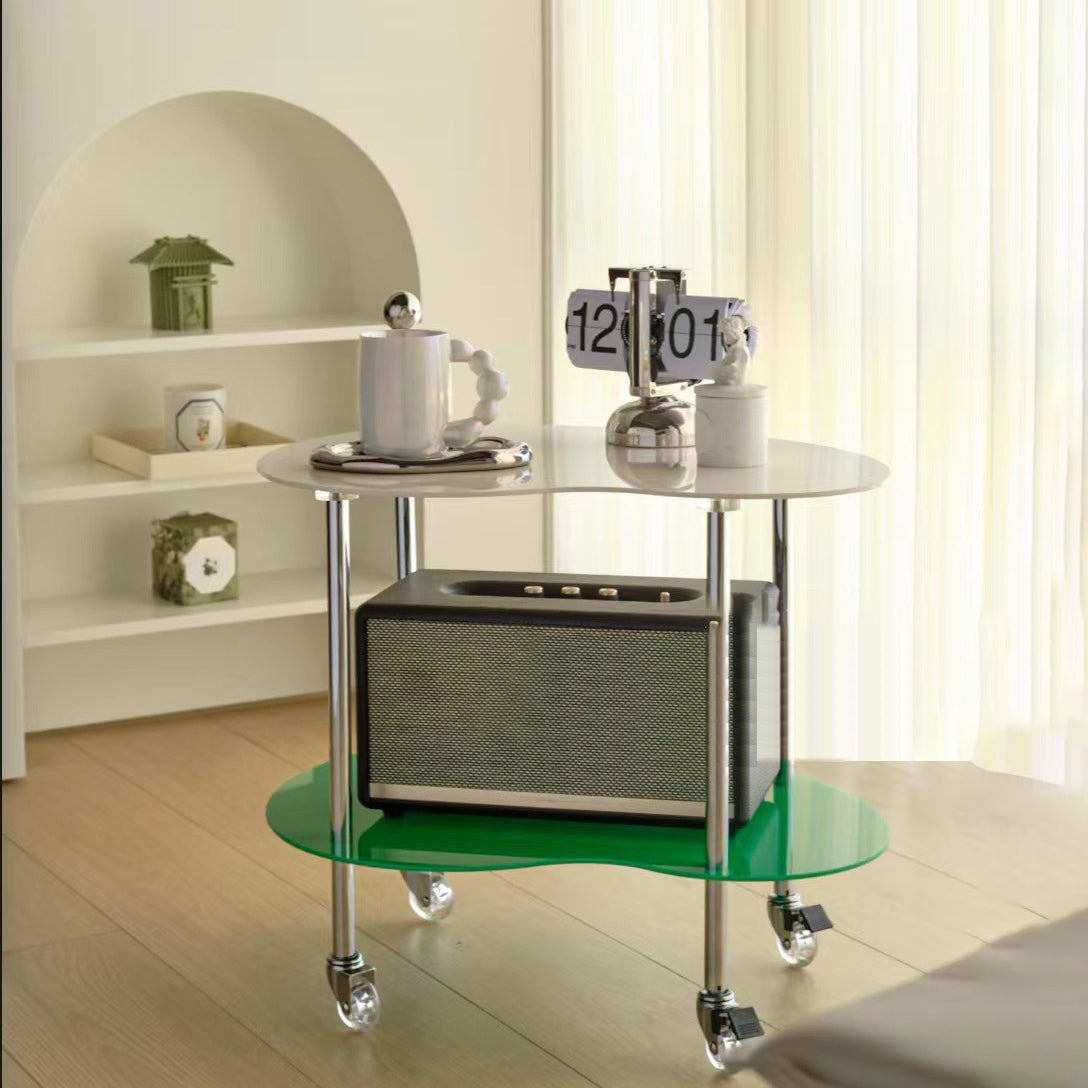 Minimalist Glass Mango-Shaped Side Table On Wheels 2-Tier