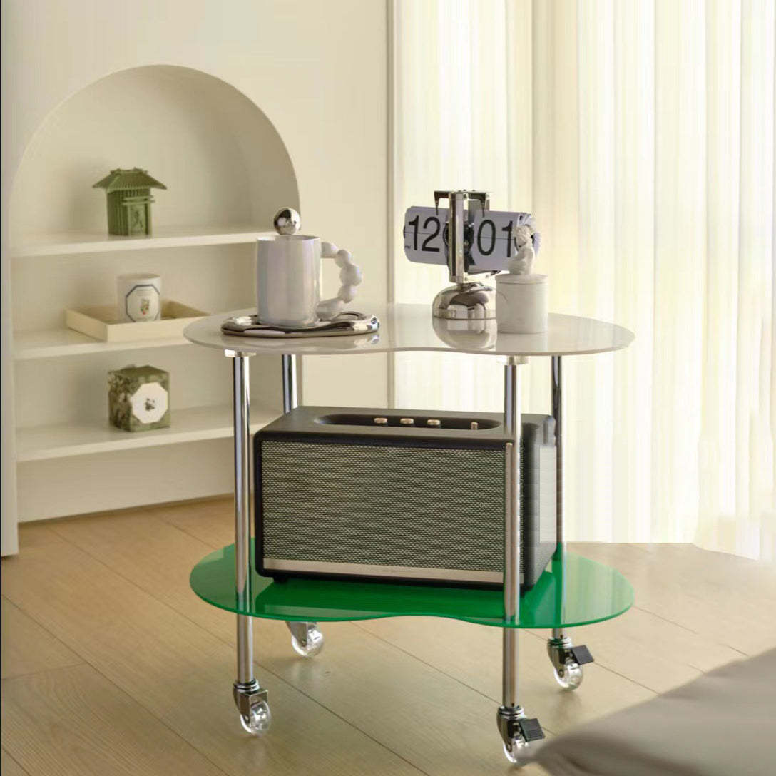 Minimalist Glass Mango-Shaped Side Table On Wheels 2-Tier — Black