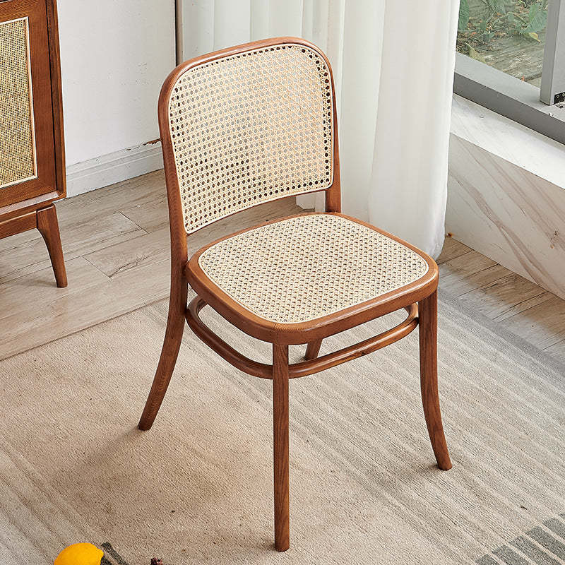 Retro Grid Wood Rattan Dining Chair — With Arm / Walnut Color